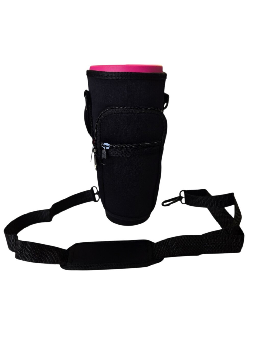 Tumbler/water bottle carrier with convenient storage pockets and adjustable shou